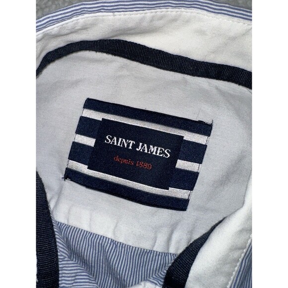 Saint James Depuis Women’s Button Down Pinstripe Shirt W/ Suede Elbow Patches XS - Picture 11 of 13